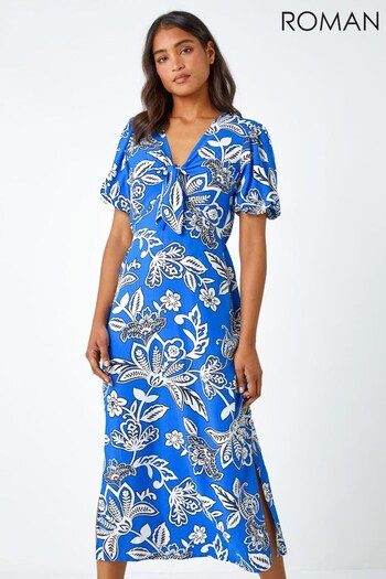 Roman Blue Multi Bold Floral Stretch Midi Dress (K06464) | £42