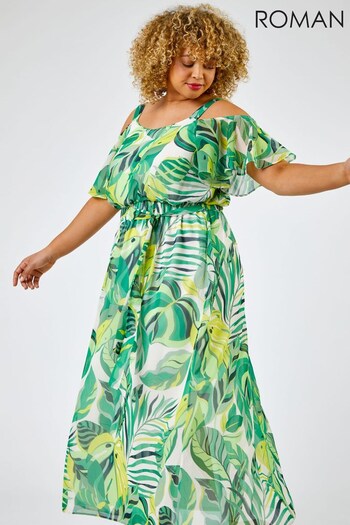 Roman Green Curve Tropical Leaf Print Cold Shoulder Maxi Dress (K07242) | £55