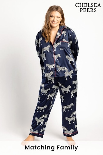 Chelsea Peers Navy Zebra Curve Curve Satin Button Up Pyjama Set (K07250) | £48