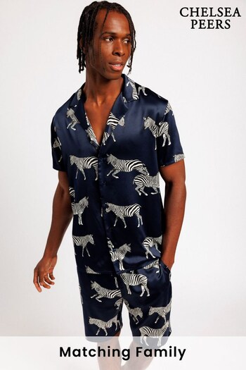Chelsea Peers Navy Blue Zebra Men's Satin Regular Button Up Short Pyjama Set (K07255) | £40