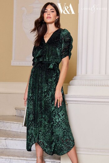 Love & Roses Green Devore Velvet Puff Sleeve V Neck Midi Dress (K07486) | £70