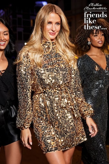 Friends Like These Gold Belted Long Sleeve Sequin Mini Dress (K07523) | £69