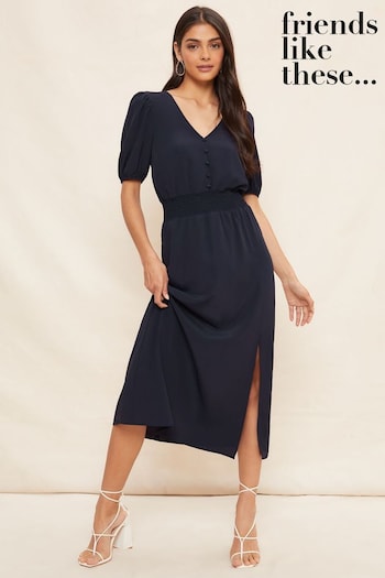 Explore Fit & Measure Guide Navy Puff Sleeve Ruched Waist V Neck Midi Summer Dress (K07538) | £36