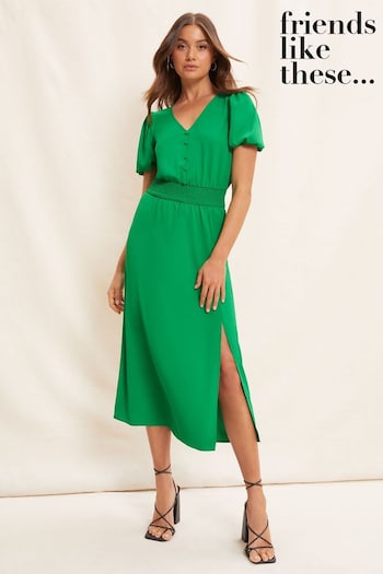 Gifts For Him Bright Green Puff Sleeve Ruched Waist V Neck Midi Summer Dress (K07539) | £36
