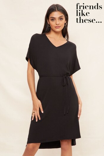 Friends Like These Black V Neck Belted Short Sleeve Tunic Dress (K07565) | £29