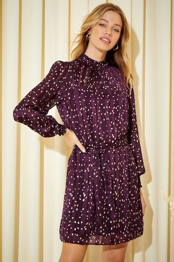 Friends Like These Purple High Neck Long Sleeve Belted Mini Dress (K07567) | £42