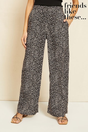 Friends Like These Black/Neutral Animal Petite Wide Leg Pull On Trousers (K07588) | £34