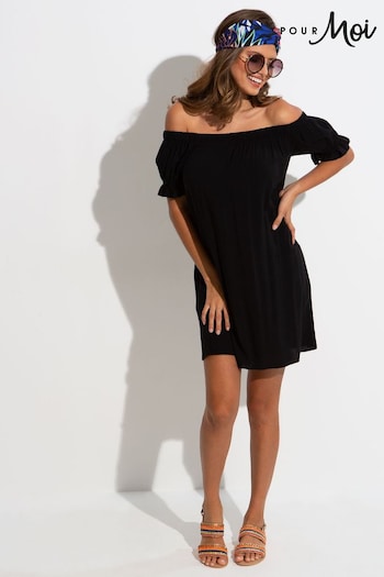Pour Moi Black Woven Puff Sleeve Belted Bardot Dress (K07851) | £32