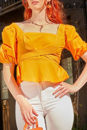 Chi Chi London Yellow Square Neck Puff Sleeve Top in Yellow (K08098) | £40