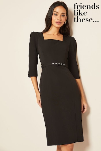 Friends Like These Black Belted Sqaure Neck Pencil Dress (K08123) | £42