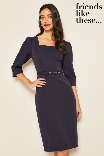 Friends Like These Navy Belted Sqaure Neck Pencil Dress (K08125) | £42
