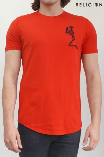 Religion Red Organic Curve Hem T-Shirt With Chest Logo (K08189) | £25