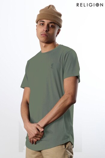 Religion Green Organic Curve Hem T-Shirt With Chest Logo (K08190) | £25