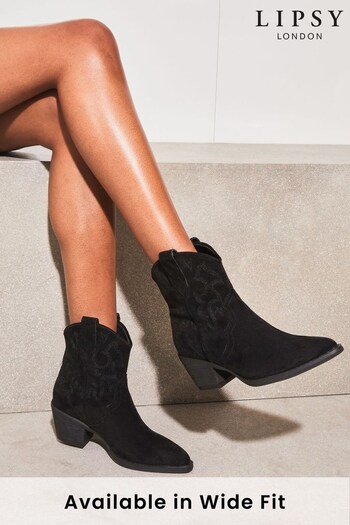 Lipsy Black Wide FIt Pull On Ankle Pointed Cowboy Heel Suedette Boot (K08311) | £58
