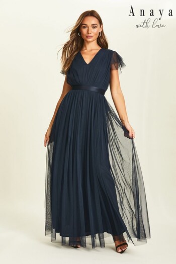 Anaya With Love Navy Tulle Maxi Dress With Sash Belt (K08365) | £80