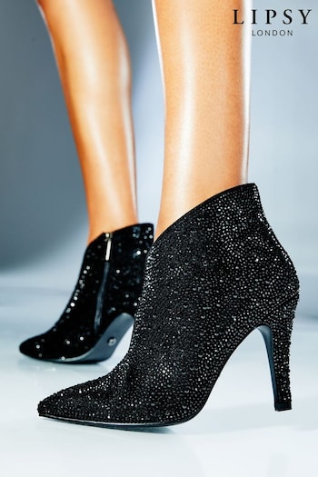 Lipsy Black Diamante Gem Regular Fit Mid Heel Ankle Bootie (K08459) | £59