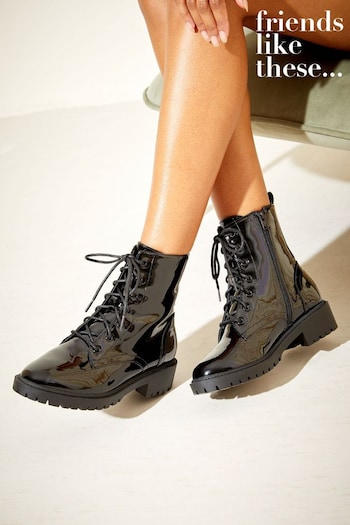 Clear All Filters Black Patent Lace up Biker Ankle Boot (K08615) | £42