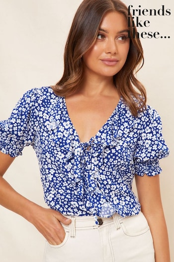 Sun Hats & Caps Navy Ruffle V Neck Front Puff Sleeve Blouse (K08635) | £32