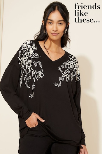 Friends Like These Black Floral Short Sleeve V Neck Tunic Top (K08636) | £25