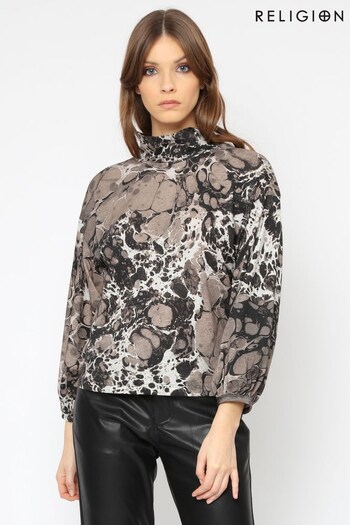 Religion Grey Camo Print Batwing Bold Roll Neck Top (K08692) | £56