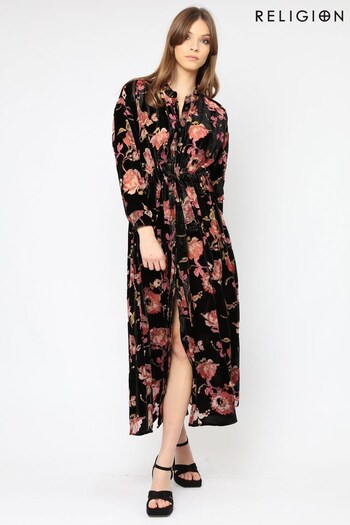 Religion Black Floral Velvet Energy Shirt Dress Aoife With Tie Waist (K08714) | £145