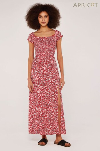 Apricot Red Floral Shirred Split Maxi Dress (K09322) | £35