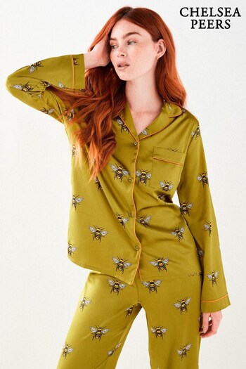 Chelsea Peers Green Satin Olive Bee Button Up Long Set (K09352) | £50