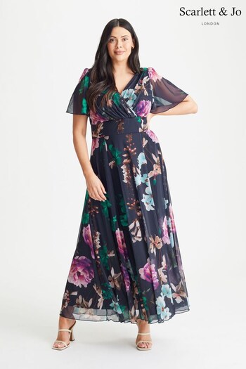 Scarlett & Jo Navy Blue Multi Floral Print Isabelle Angel Sleeve Maxi Dress (K09392) | £95