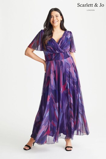 Scarlett & Jo Navy Blue & Purple Print Isabelle Angel Sleeve Maxi Dress (K09393) | £95
