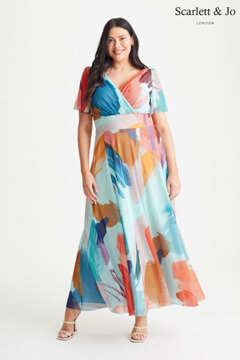 Scarlett & Jo Aqua Blue Multi Brush Print Isabelle Angel Sleeve Maxi Dress (K09396) | £95