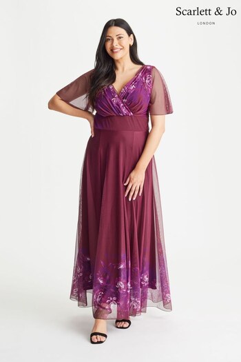 Scarlett & Jo Burgundy Red & Purple Floral Print Isabelle Angel Sleeve Maxi Dress (K09397) | £95