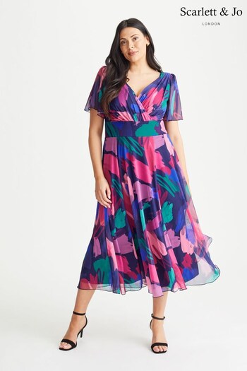 Scarlett & Jo Navy Blue & Pink Victoria Angel Sleeve Mesh Midi Dress (K09398) | £85