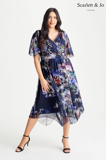 Scarlett & Jo Navy Blue Multi Floral Print Julie Hanky Hem Dress (K09400) | £90