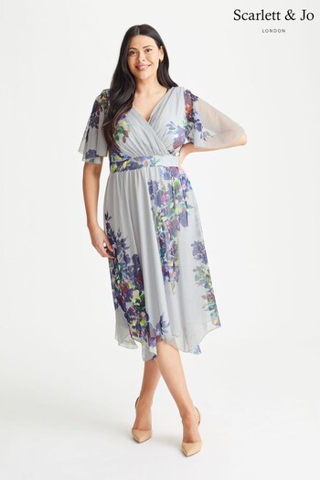 Scarlett & Jo Grey Multi Floral Julie Hanky Hem Dress (K09401) | £90