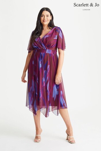 Scarlett & Jo Burgundy Red & Blue Print Julie Hanky Hem Dress (K09402) | £90