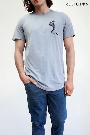 Religion Grey Skeleton Logo Organic Curve Hem T-Shirt With Chest Logo (K09409) | £25