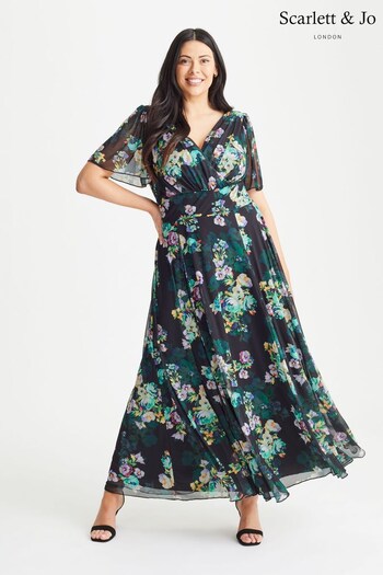 Scarlett & Jo Black & Blue Floral Print Isabelle Angel Sleeve Maxi Dress (K09414) | £95