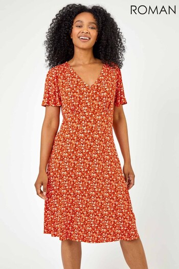 Roman Red Petite Floral Print Stretch Jersey Dress (K09525) | £38