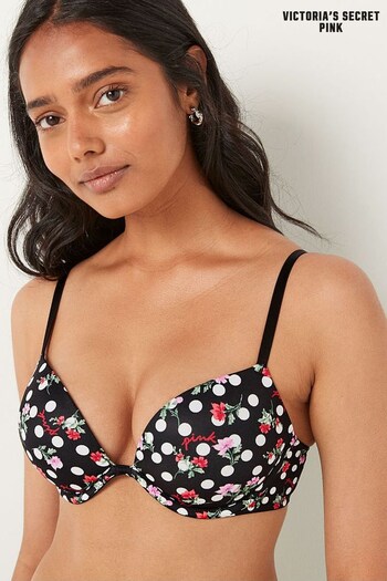 Victoria's Secret PINK Pure Black Floral Dot Smooth Non Wired Push Up T-Shirt Bra (K10249) | £25