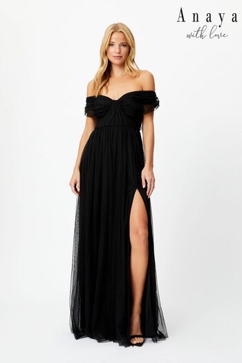 Anaya With Love Black Bardot Gathered Maxi Dress With Thigh Split (K12163) | £75