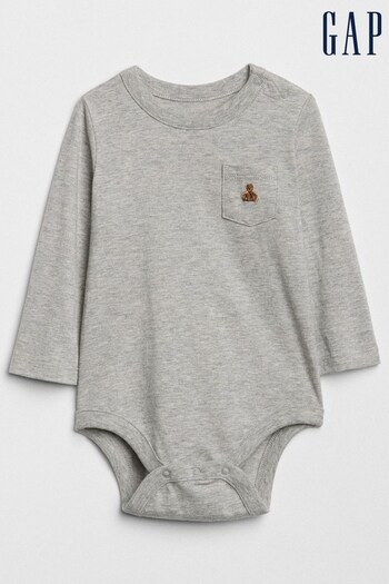 Gap Grey Brannan Bear Pocket Long Sleeve Baby Bodysuit (K12657) | £6
