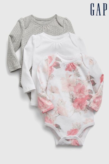 Gap White Floral 3 Pack Long Sleeve Baby Bodysuits (K13322) | £20
