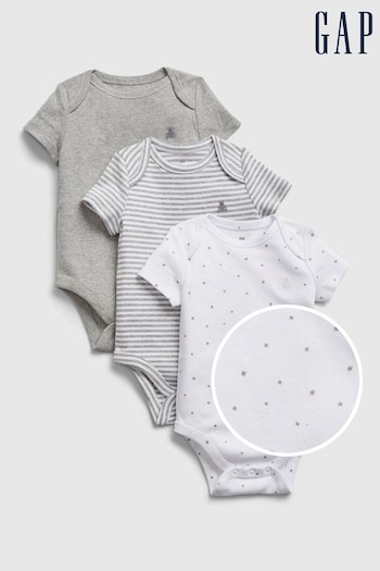 Gap Grey & White 3 Pack Short Sleeve Baby Bodysuits (K13324) | £16