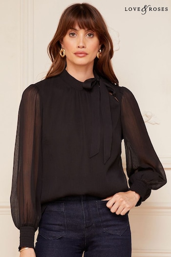 Love & Roses Black Long Sleeve Tie Neck Shirred Cuff Blouse (K13672) | £34