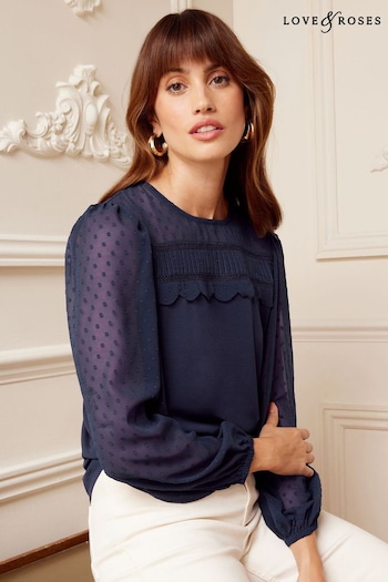 All New In Navy Blue Long Sleeve Dobby Mix Jersey Blouse (K13677) | £32