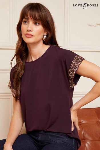 Love & Roses Purple Roll Sleeve Round Neck T-Shirt (K13678) | £29
