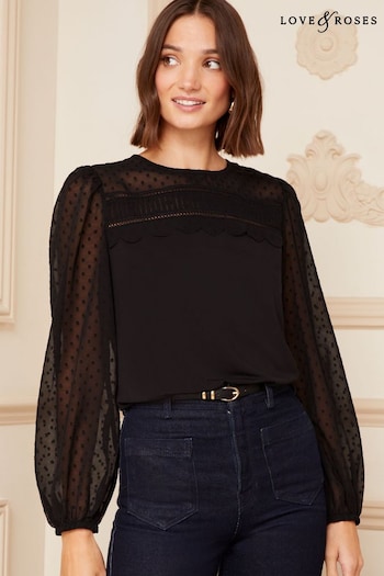 All Girls New In Black Petite Long Sleeve Dobby Mix Jersey Blouse (K13679) | £32