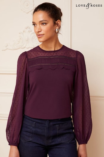 Autumn Home Decor Berry Red Long Sleeve Dobby Mix Jersey Blouse (K13680) | £30