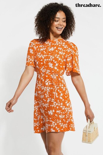 Threadbare Orange Floral Printed Tie Waist Mini Dress (K13744) | £32