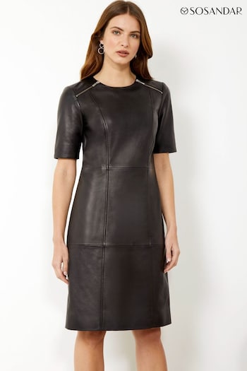 Sosandar Black Leather Zip Detail Shift Dress (K13822) | £160